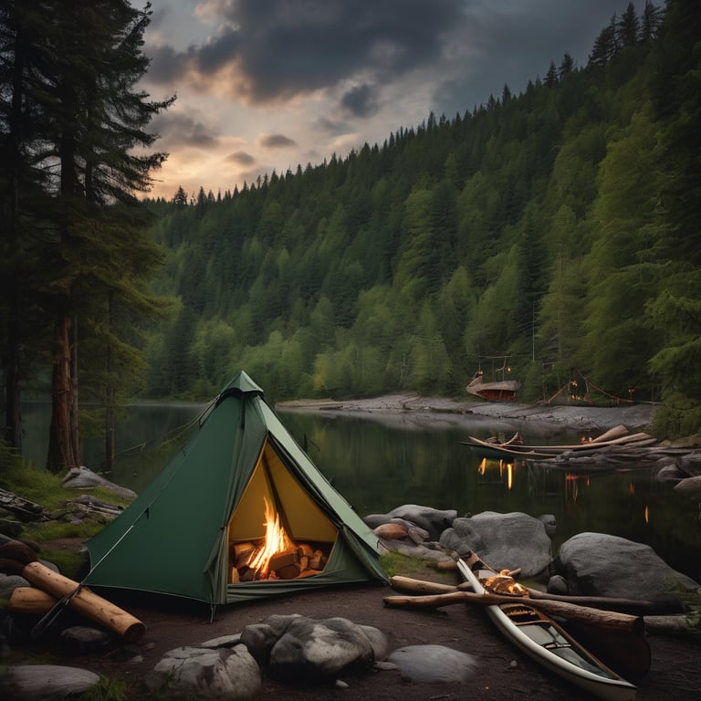 A green tent rests in a quiet forest beneath a cloudy full moon. Hikers gather by a warm campfire, with a canoe waiting nearby. Seen from a wooden bridge above, the campsite feels peaceful and wild.