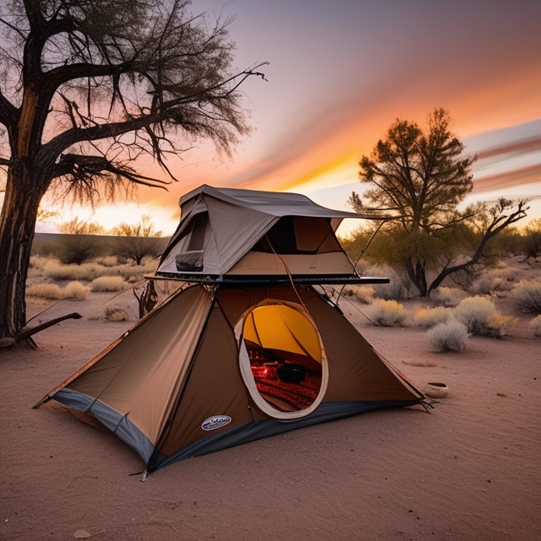 A brown Subaru rests beneath tall trees in the quiet New Mexico desert. Its rooftop tent is open above a warm campfire, with clothes hanging nearby. Soft sunrise light and mist create a peaceful mood around the leafy campsite.