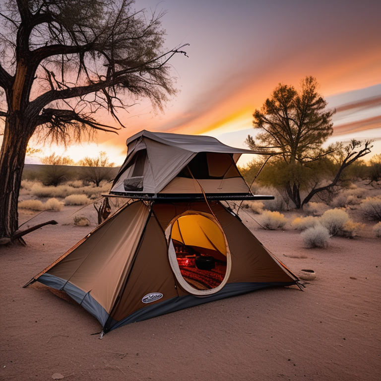 A brown Subaru rests beneath tall trees in the quiet New Mexico desert. Its rooftop tent is open above a warm campfire, with clothes hanging nearby. Soft sunrise light and mist create a peaceful mood around the leafy campsite.