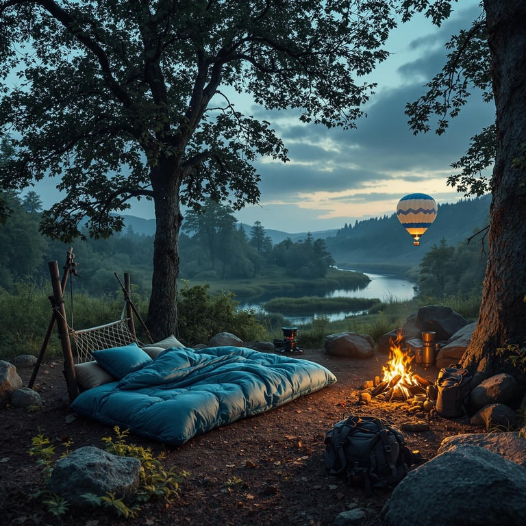 Nestled under a big tree, this cozy campsite overlooks a peaceful river winding through lush hills. A warm campfire crackles nearby as a colorful hot air balloon drifts gently in the sky. The sleeping bag is ready for you to snuggle in and enjoy the starry night.