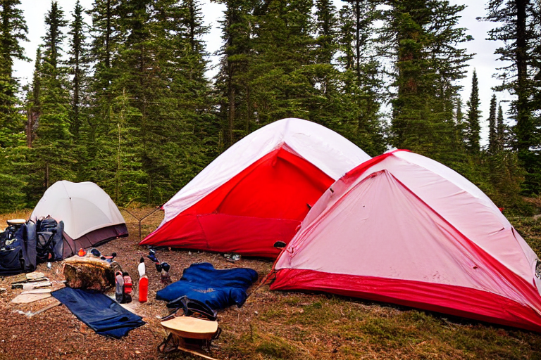 A red and white tent glows beside a warm campfire on a mountain campsite. Rainy air surrounds the dirt clearing, while small trees and a dark mountain rise beyond it. Camping gear and a wooden guitar rest nearby under the starry sky.