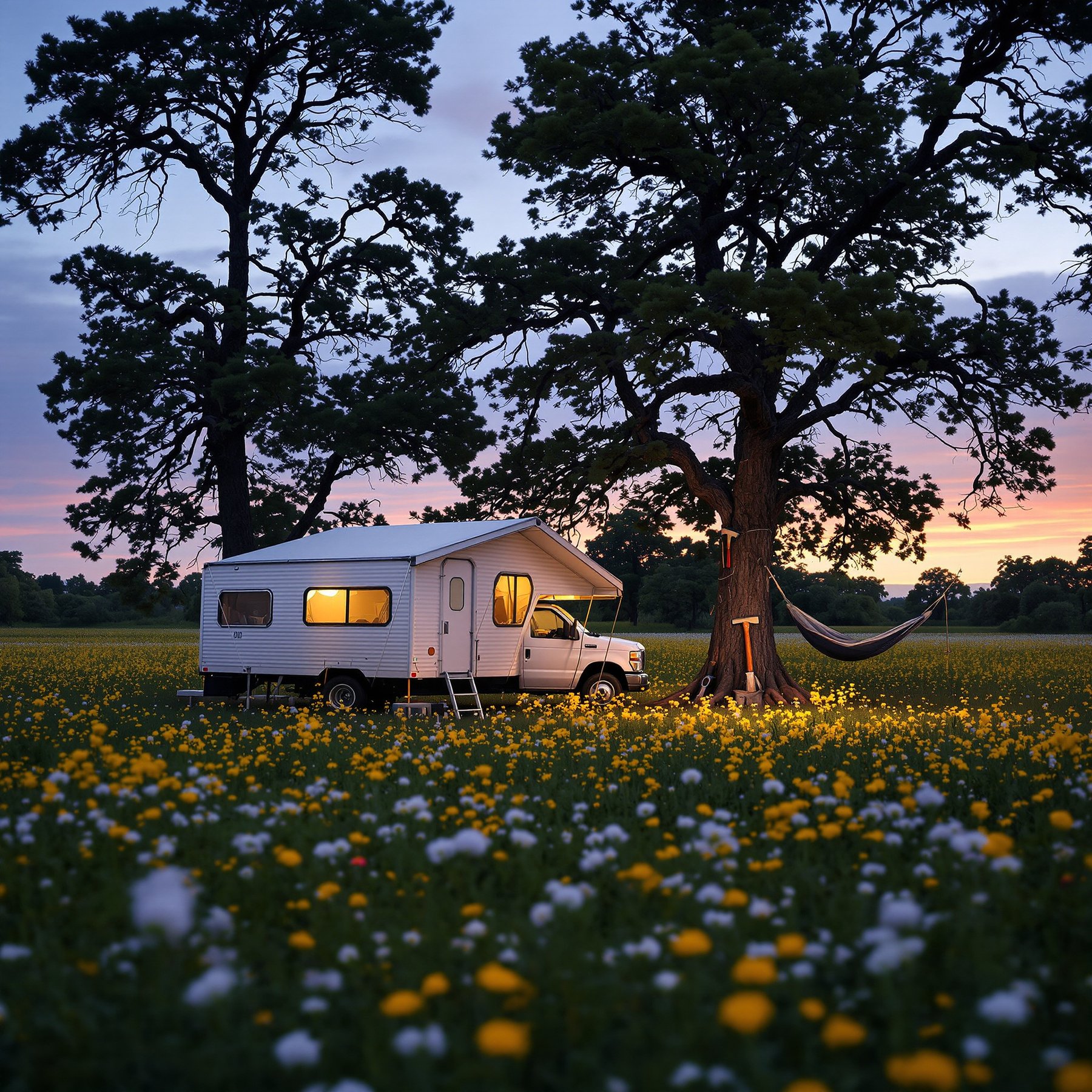 The camper sits under big trees in a wide field full of yellow and white flowers. A cozy hammock hangs nearby, perfect for relaxing as the sun sets. It feels peaceful and warm, like a special place to enjoy nature.