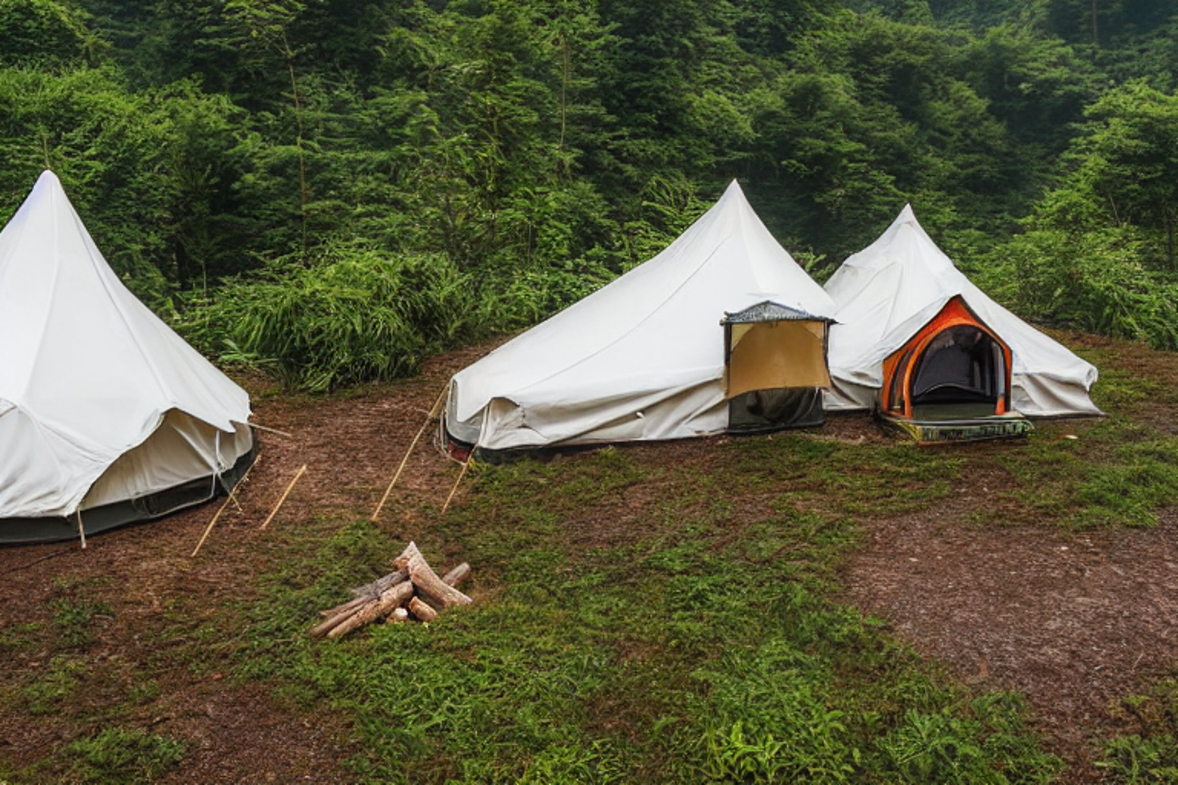 A white tent rests on a paved campsite surrounded by green ferns and damp earth. A warm campfire glows beside a picnic table and a large wooden log. Rainy golden-hour light gives the peaceful Zhangjiajie setting a cozy feel.