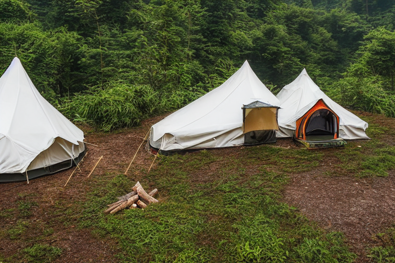 A white tent rests on a paved campsite surrounded by green ferns and damp earth. A warm campfire glows beside a picnic table and a large wooden log. Rainy golden-hour light gives the peaceful Zhangjiajie setting a cozy feel.