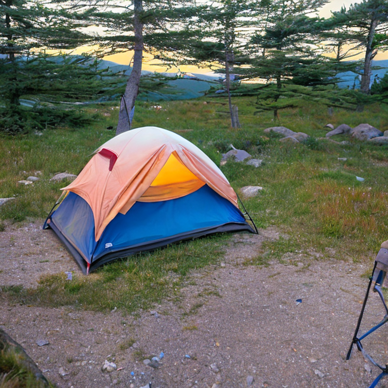 A cozy tent glows beside a crackling campfire in Acadia National Park. Tall grass and rocky patches surround the campsite, while fog drifts around the dark mountain behind it. Hikers gather nearby under the quiet night sky.