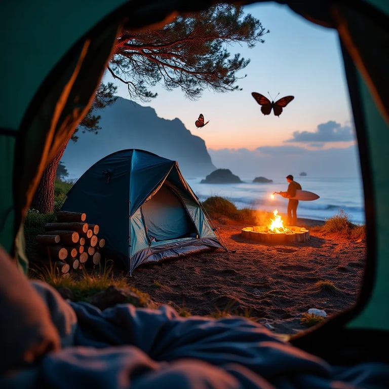 A navy blue tent rests beside a warm spring as the sun sets through the mist. A campfire, stacked firewood, and a trail marker make the quiet campsite feel welcoming. Butterflies flutter nearby while a distant camper shines a flashlight.