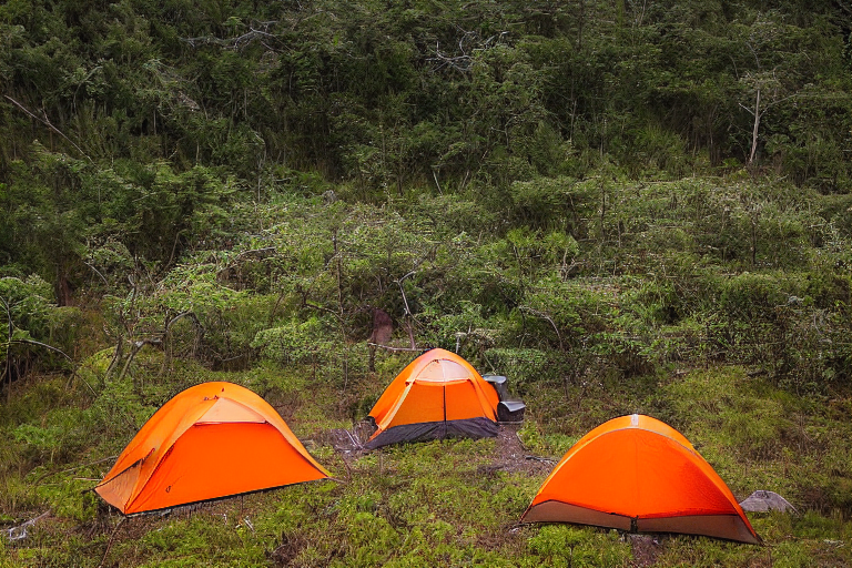 Two bright orange tents sit on a quiet paved campsite in Hawaii. A warm campfire glows between the tents, surrounded by logs, camping gear, ferns, and tall grass. Snow falls softly as the sunset paints the sky.