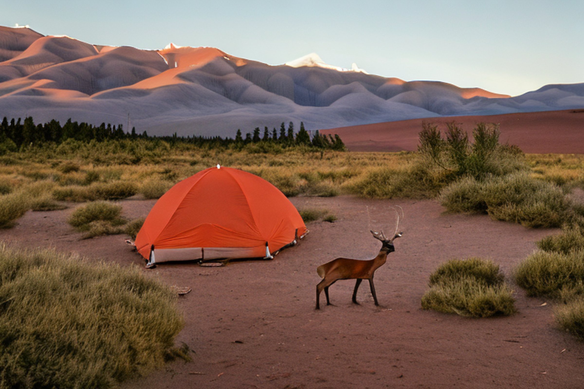 A cozy tent glows beside a crackling campfire on a sandy patch in the Great Sand Dunes. Fog drifts through the bushes, while a deer watches from the distance. A backpack rests near the tent under the quiet night sky.