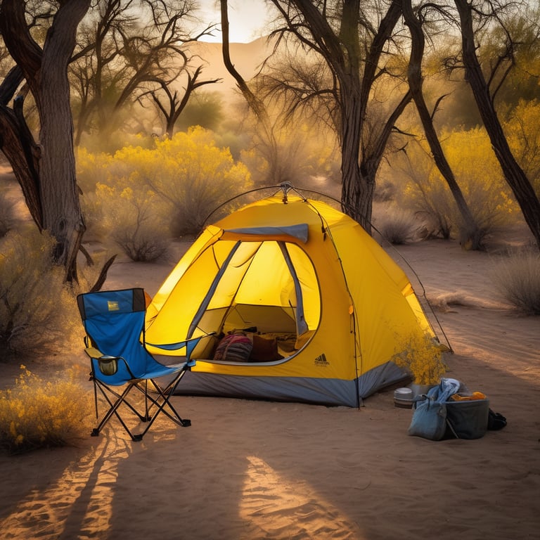 A bright yellow tent rests in the New Mexico desert beneath a warm sunset. Trees frame the campsite, with a chair, drying clothes, and hikers nearby. A tiny hummingbird hovers over a flower in the hazy evening air.