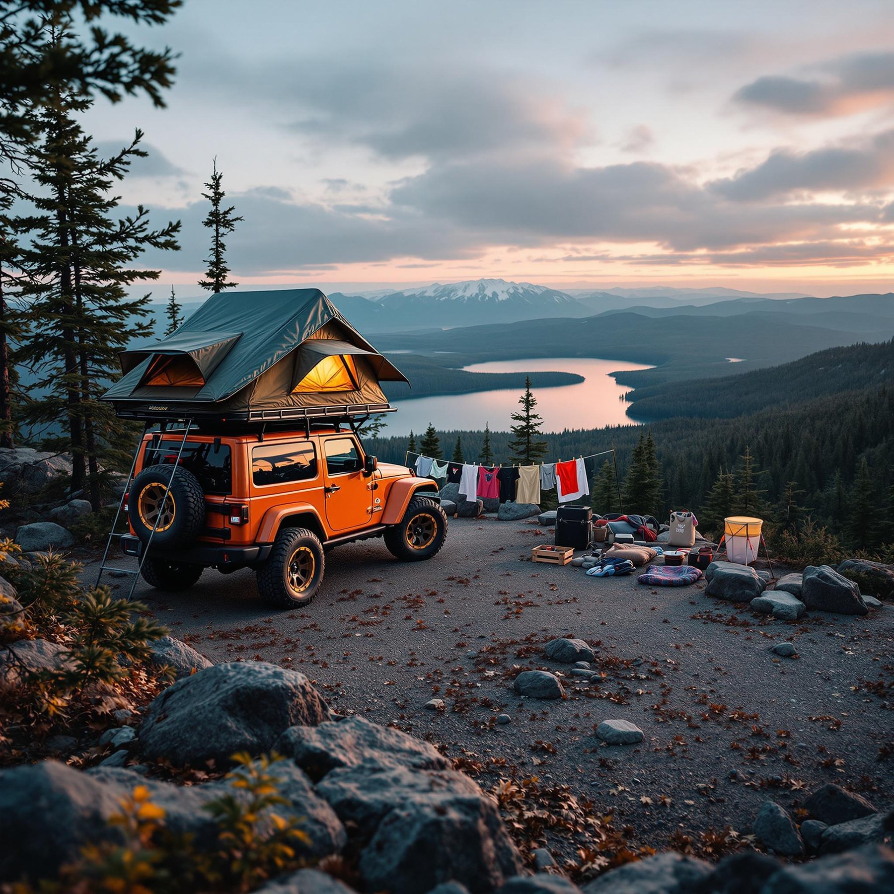 An orange Jeep with a rooftop tent rests on a rocky campsite above a quiet lake. At dusk, soft light shines on fallen leaves, stone patches, and clothes swaying on a nearby line. The lake mirrors the wild North Shore landscape below.