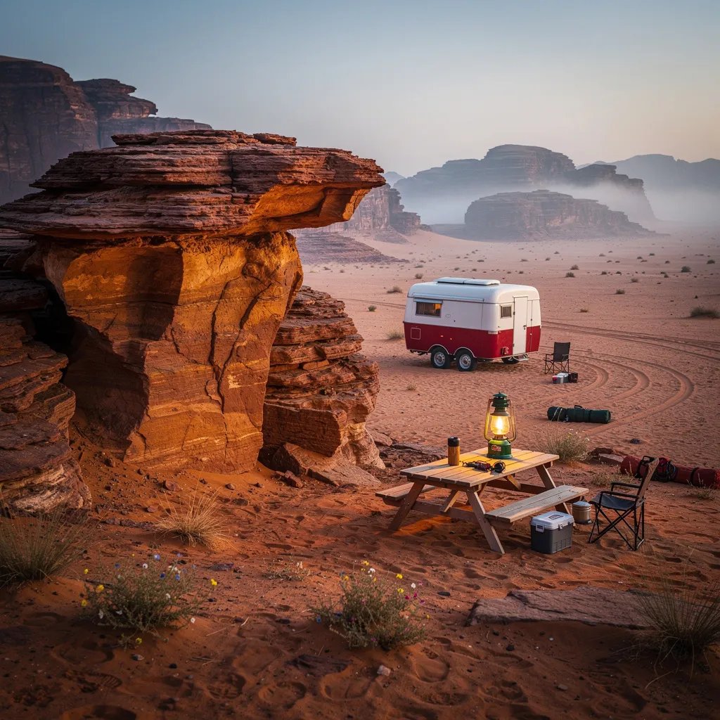 A cool desert dawn wraps this campsite in soft fog and quiet light. A red-and-white vintage caravan sits on sandy ground near a simple picnic table, with a lantern glowing warm and bright. Tall sandstone rocks rise nearby, and tiny grasses and wildflowers peek through the sand. Tire tracks and a few scattered supplies make it feel like someone just arrived.