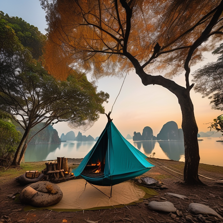 A teal tent rests on a quiet dirt clearing in misty Halong Bay. Golden autumn trees surround a warm campfire, with a hammock and clothesline nearby. The foggy night feels peaceful and cozy.