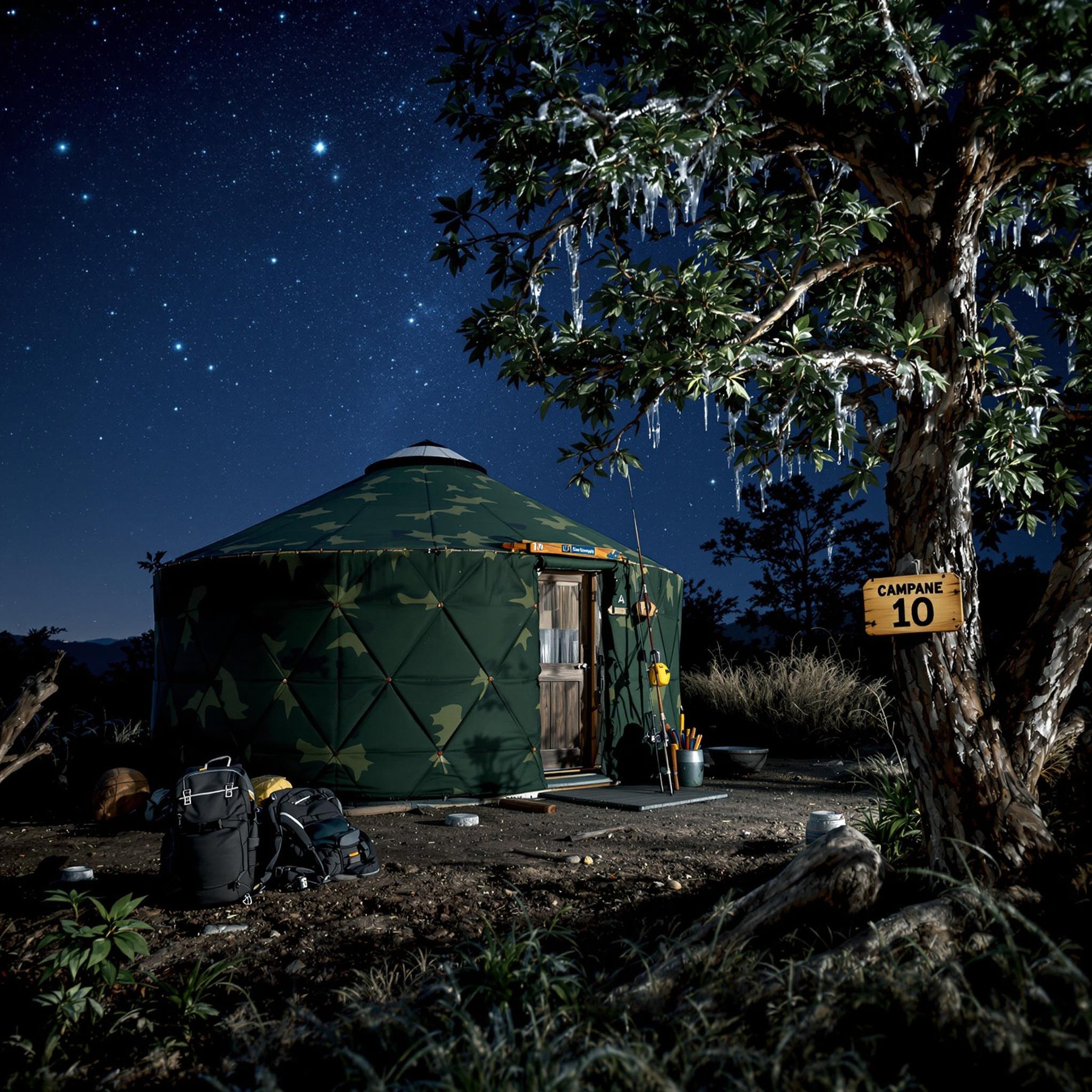 A green camo yurt rests among the trees beneath a starry night sky. A backpack, fishing rod, and wooden sign marked “10” sit nearby. Light drizzle and icy branches give the campsite a quiet, chilly feel.