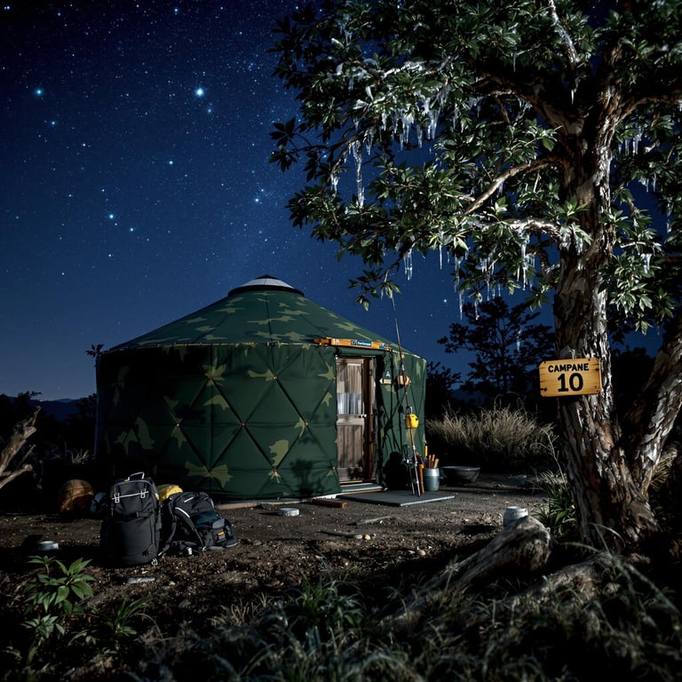 A green camo yurt rests among the trees beneath a starry night sky. A backpack, fishing rod, and wooden sign marked “10” sit nearby. Light drizzle and icy branches give the campsite a quiet, chilly feel.