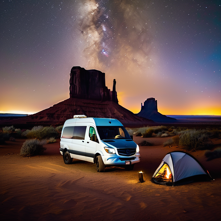 A cozy van rests beside a glowing campfire under a star-filled sky in Monument Valley. Soft fog wraps around the rolling hills, while flowers and a dirt path surround the campsite. A nearby tent shines with warm light.