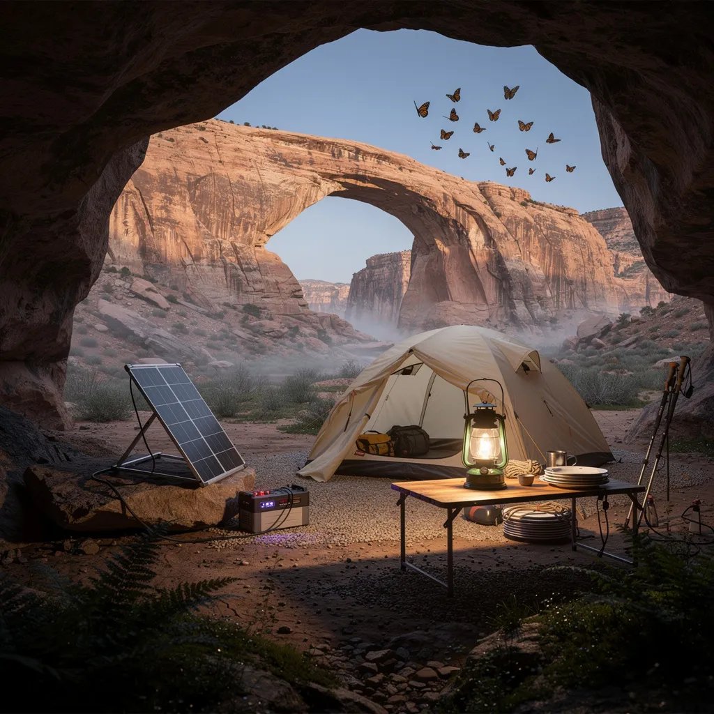 A quiet desert canyon campsite sits under a glowing sandstone arch at blue-hour dusk, seen from the shady mouth of a small cave. A beige tent rests on sandy gravel while a warm lantern shines on a little table with worn plates. Ferns grow in damp spots and a thin mist drifts through the cool air. Far above, monarch butterflies glide across the fading sky.