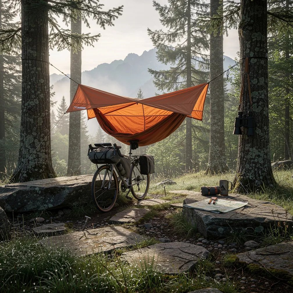 Morning fog drifts through a quiet mountain grove, making the light feel soft and calm. A burnt-orange tree tent hangs between strong trees above dew-wet grass and wide stone slabs. A touring bike rests nearby, and binoculars dangle from a low branch as the distant ridge fades into the mist.