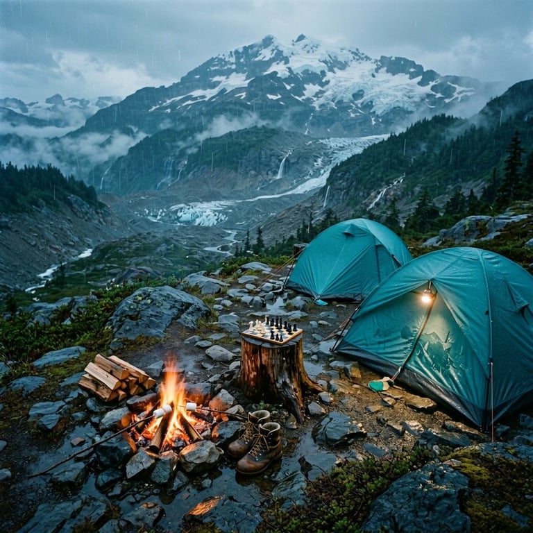 A quiet campsite rests among wet gray rocks, moss, and dark pine trees beneath a snowy mountain. Two teal tents sit near a small warm fire, with boots drying beside it and marshmallows roasting on sticks. A chess game waits on a tree stump as soft rain falls.