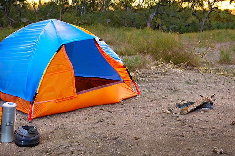 An orange tent rests on a sunny campsite in Biscayne National Park, glowing softly from within. Gravel patches, camping gear, and a large log surround the site as golden light warms the ground.