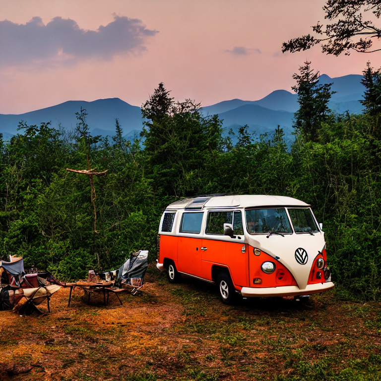 A colorful VW campervan rests on a quiet dirt campsite in the Smoky Mountains. Camping chairs sit nearby as golden light glows through the rainy air, with misty peaks and a pale moon in the distance.