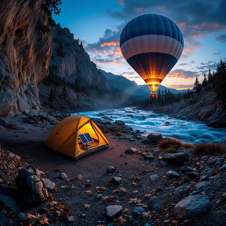 A cozy yellow tent glows by a rushing river under a sky painted with sunset colors. High above, a hot air balloon floats gently between the rugged mountains. The crisp evening air is filled with adventure and wonder.