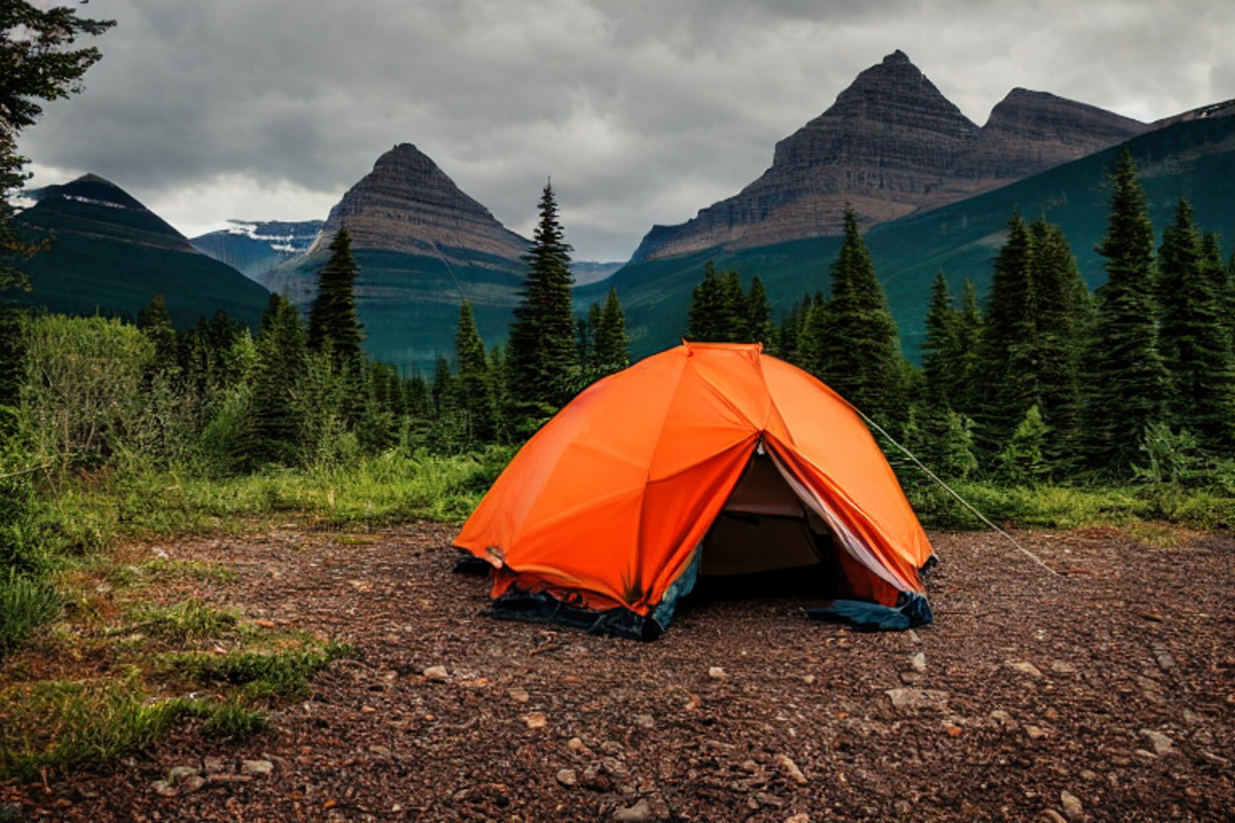 An orange tent rests on a rainy campsite beneath the dark mountains of Glacier National Park. Stone gravel and a small twig lie around the muddy ground, while a distant camper’s flashlight glows softly.