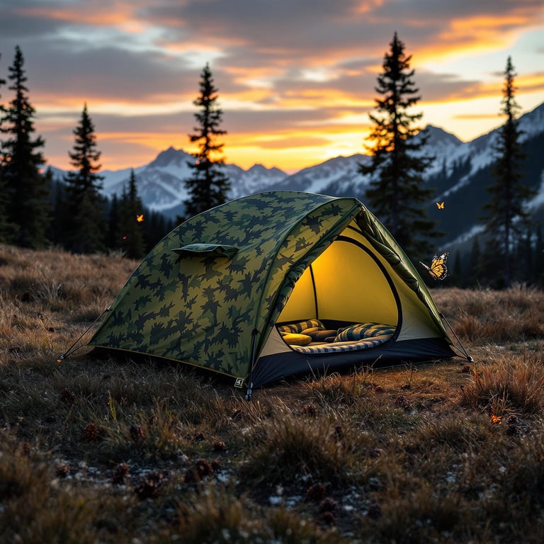 A green camo tent rests in a grassy mountain meadow at sunset. Pine cones dot the ground, butterflies flutter nearby, and a warm flashlight glows inside the tent beside a trail marker.