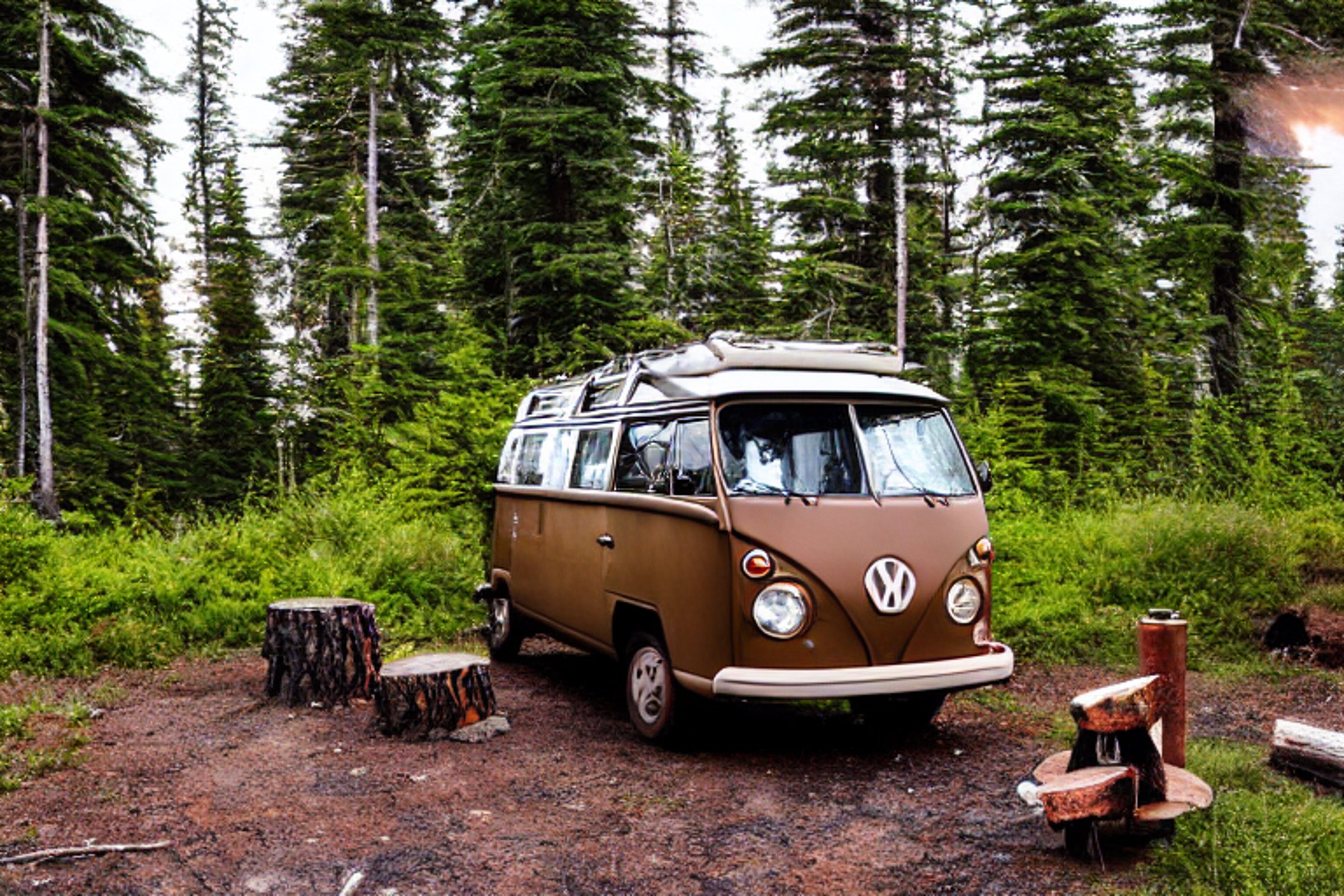 A cozy brown campervan rests on a paved campsite in Isle Royale National Park. Mossy trees, rolling hills, and distant mountains surround the clearing, with a large log beside the campfire.