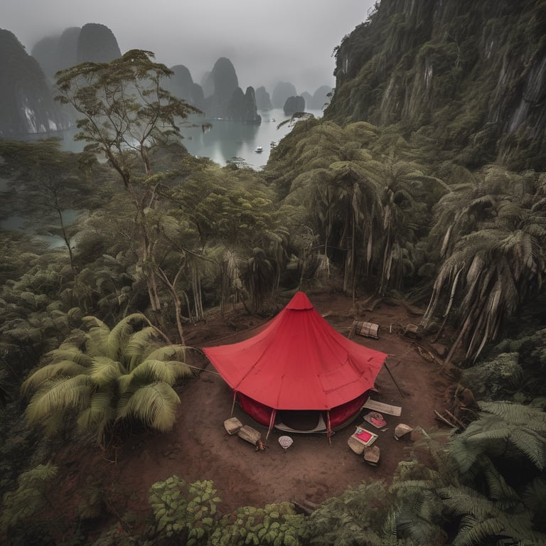 A bright red tent rests among ferns on the earthy ground of Halong Bay. A hammock hangs between trees, while an axe sits in a nearby stump. Overhead clouds create a calm mood, with misty mountains rising in the distance.