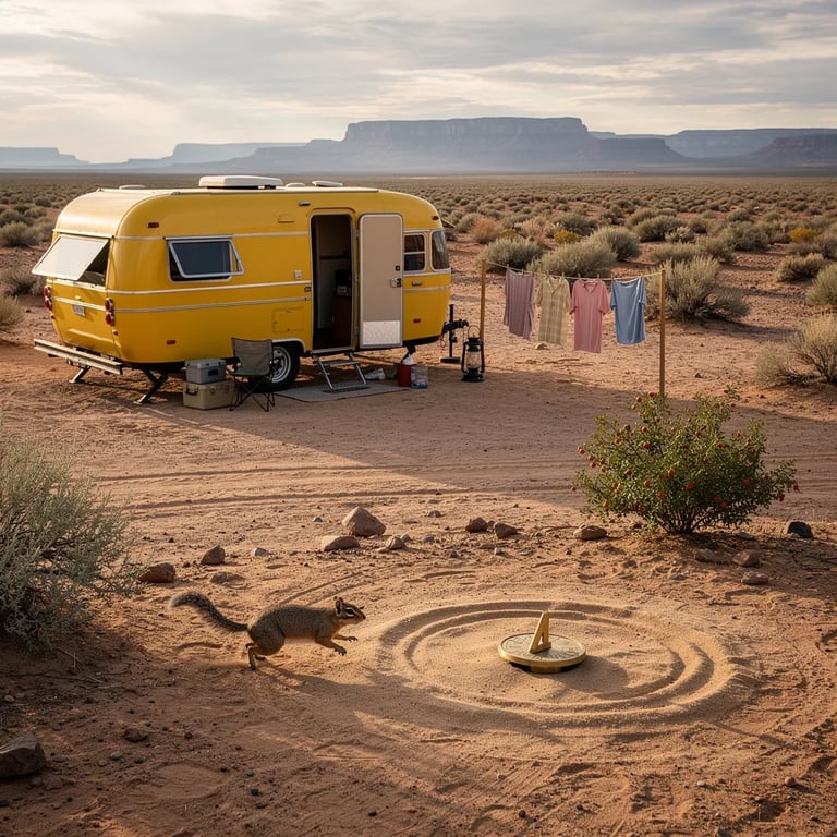 A bright yellow vintage camper sits on sandy desert ground with sagebrush and a little berry bush. Soft late-afternoon light makes the wide horizon feel calm and open. A lantern and a small sundial rest in the sand, while faded shirts sway on a clothesline. A tiny ground squirrel darts across the campsite.