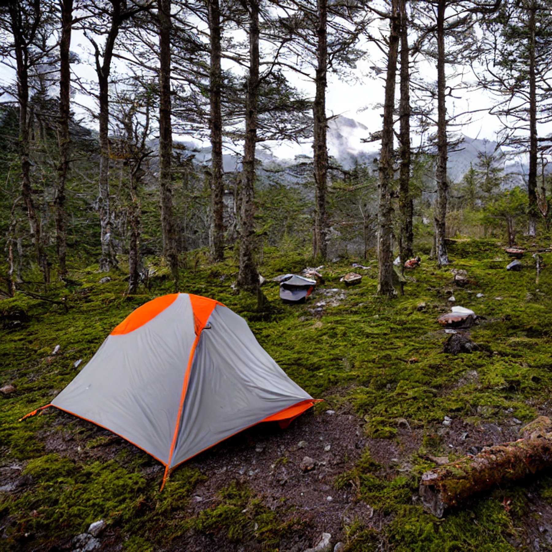 A gray and orange tent rests on a dirt clearing beside a warm, steaming spring. Mossy trees, large stone slabs, and rolling hills surround the camp, while a small fire glows in the rainy night.
