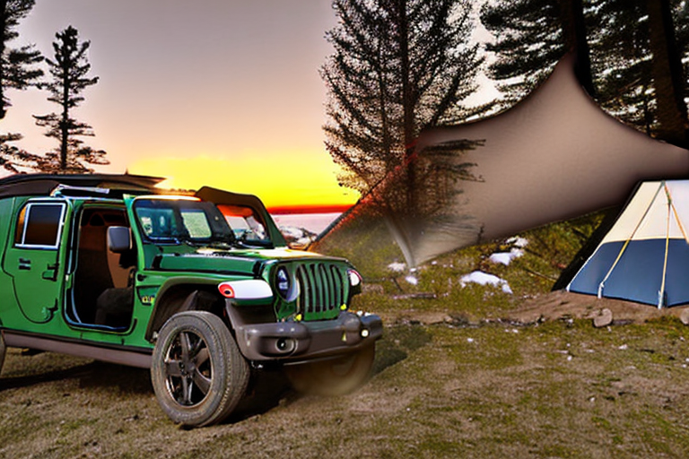 A green and tan Jeep sits at a quiet riverside campsite as snow falls around it. Its rooftop tent glows warmly at sunset, while a small stream winds past the boulders and camping gear.