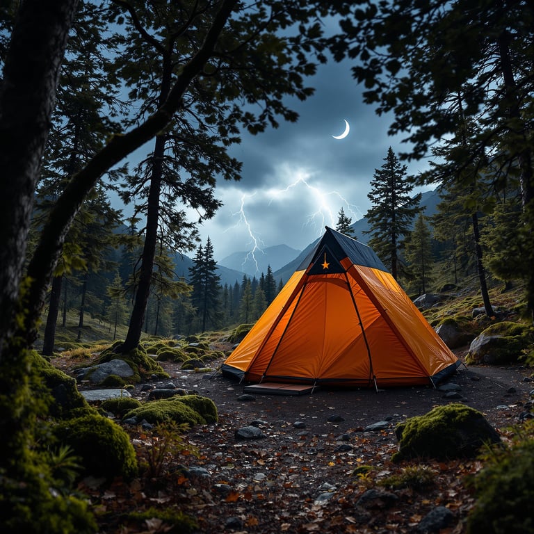 A bright orange tent sits in a quiet forest, surrounded by tall pine trees and soft mossy ground. Lightning cracks in the sky as a crescent moon shines above the distant mountains. This campsite feels wild and exciting, perfect for a night of adventure.