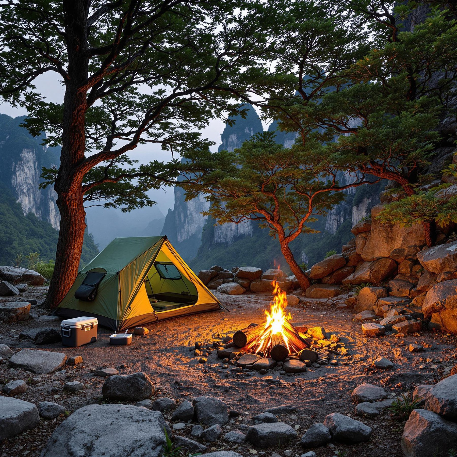 Nestled among tall cliffs, this cozy campsite features a glowing campfire under the shade of leafy trees. The gentle crackle of the fire fills the air as the sun sets behind the towering rocks. It's a perfect spot for an adventure surrounded by nature's beauty.