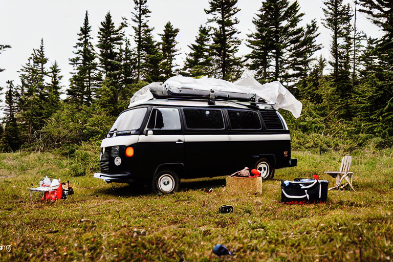 A cozy black campervan rests by a campfire on the snowy coast of Maine. A large rock, white cooler, fallen leaves, and wild grass surround the dirt campsite as the sun sets.