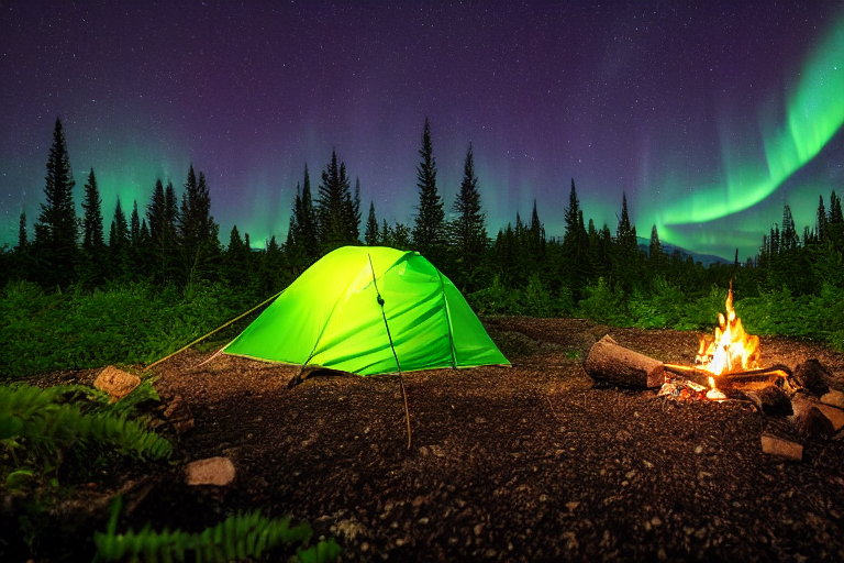 A green tent rests on a quiet dirt patch, surrounded by ferns and stones. Nearby, a warm campfire glows under a stormy sky filled with bright northern lights and a distant moon.