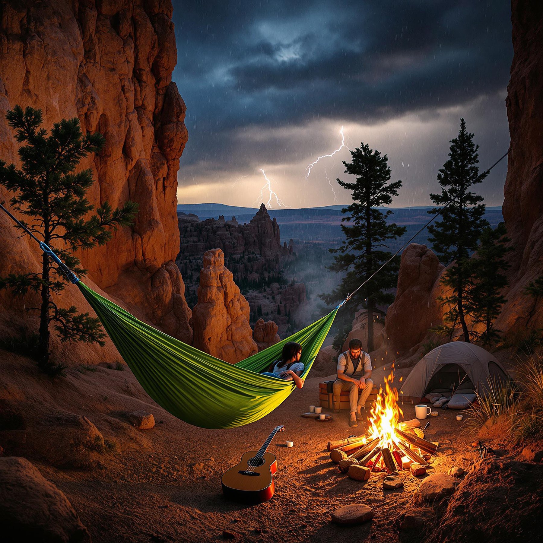 A cozy campsite sits quietly between tall red rocks, with a warm fire crackling and a green hammock gently swaying. A storm lights up the sky, adding a touch of wild magic to the peaceful setting. Nearby, a tent and a guitar wait for nighttime stories and songs.