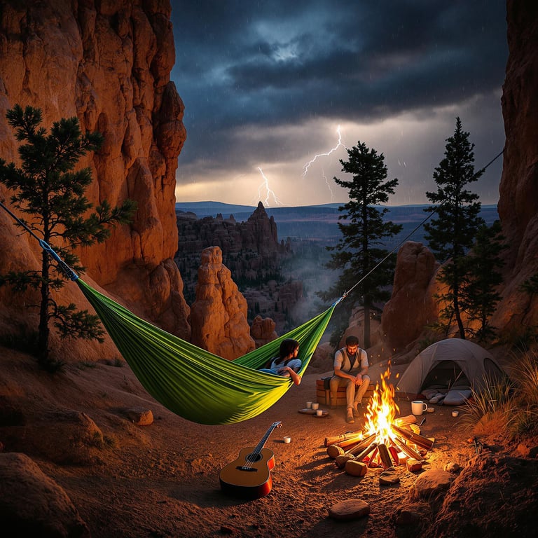 A cozy campsite sits quietly between tall red rocks, with a warm fire crackling and a green hammock gently swaying. A storm lights up the sky, adding a touch of wild magic to the peaceful setting. Nearby, a tent and a guitar wait for nighttime stories and songs.