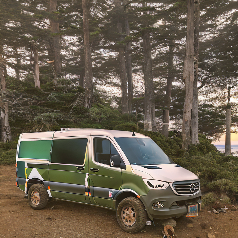 A green camo van rests on a paved campsite beside the ocean. Tall bushes, rocky ground, and a picnic table surround the spot. Soft sunset light glows through the fog, creating a calm seaside mood.
