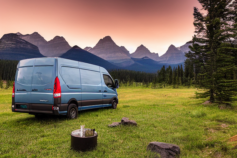 A gray and blue camper van rests beside a warm campfire in Glacier National Park. A clear stream winds through the campsite, with a dirt trail, large rocks, and rolling hills glowing in the sunset.