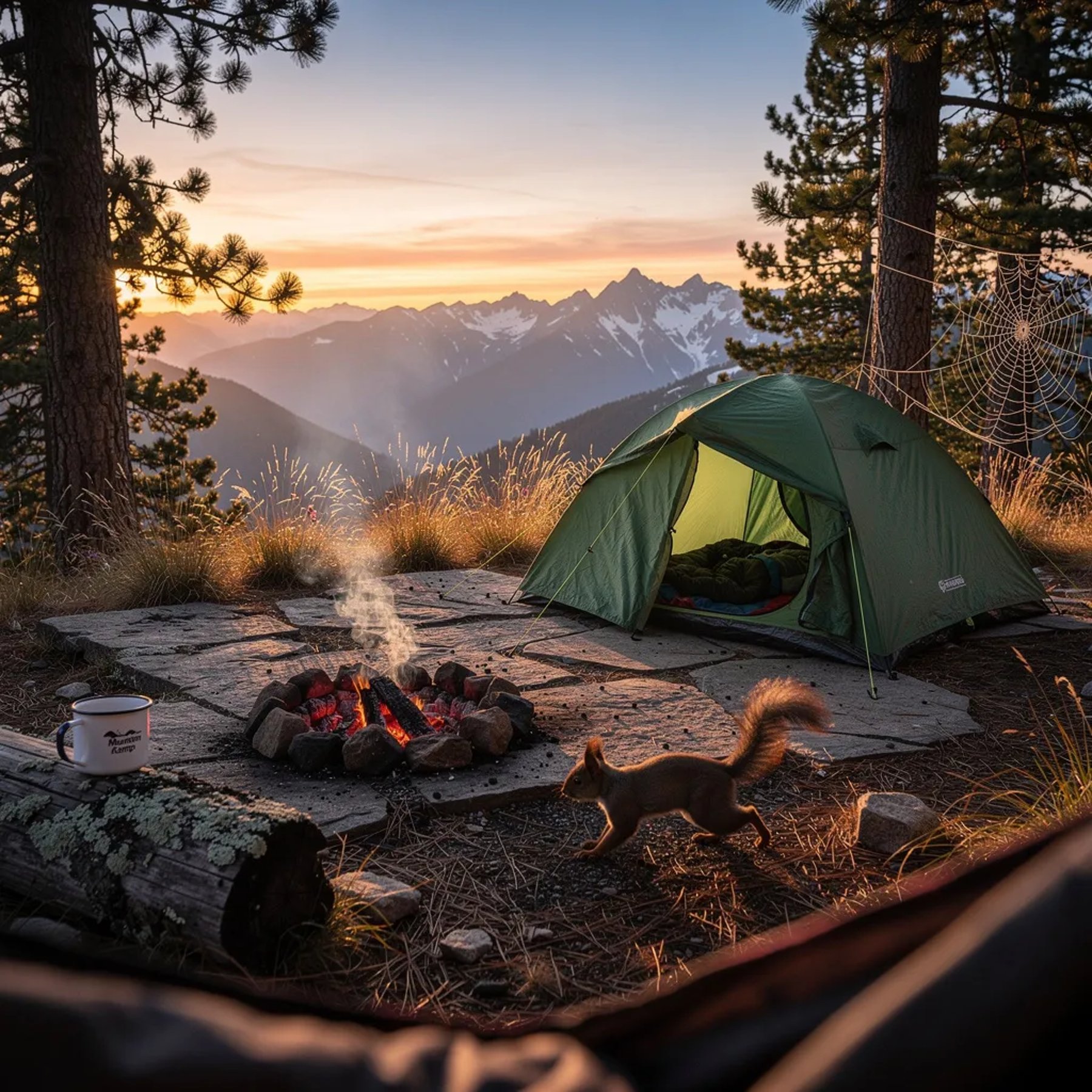A green tent sits on a rocky ledge high in the mountains as the sun sets in warm gold. A small fire glows softly, with an old mug resting on a rough log nearby. Tall grasses sway in the breeze while a squirrel darts past, and a tiny spider web shines between pine trees.