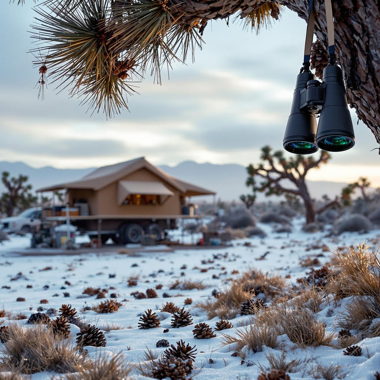 A brown truck-bed tent rests in a quiet Joshua Tree campsite on a cool, cloudy morning. Camping gear and pine cones sit nearby, while binoculars hang from a tree branch. Dewy grass and soft light give the scene a peaceful, wild feeling.