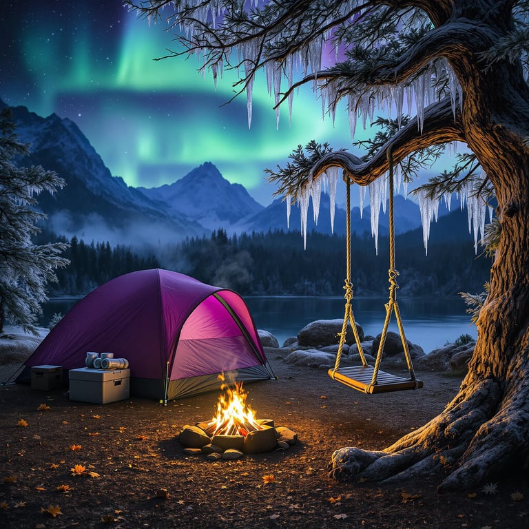 A purple tent rests beneath icy trees in Glacier National Park. Above it, bright green and purple lights dance across the night sky. A warm campfire, camping gear, and a rope swing make the quiet campsite feel cozy and inviting.