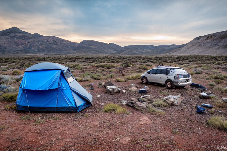 A gray-blue Subaru sits at a quiet dirt campsite in a petrified forest. Its rooftop tent is open beneath a rainy sunrise, with a mountain and rolling hills in the distance. A winding trail and a box of camping gear add to the sense of adventure.