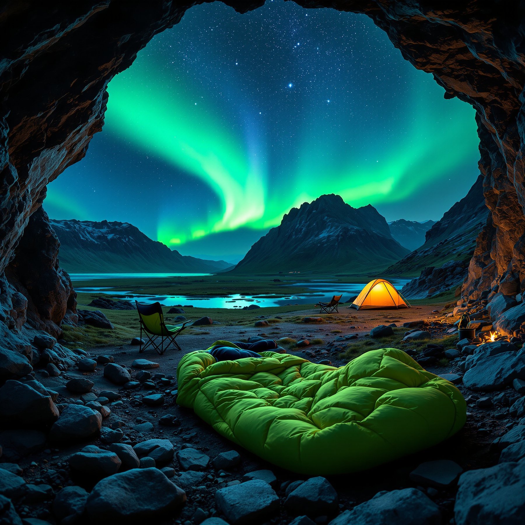 Camp out in a cozy cave and watch the bright green northern lights dance over snowy mountains and a calm lake. The air feels fresh, and the glowing tent makes everything warm and safe. It's the perfect spot for a magical night under the stars.