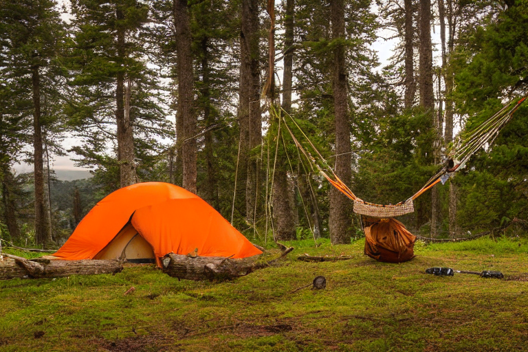 An orange tent rests beside a warm hot spring as the sun sets under stormy skies. A campfire glows near a large log, while a hammock hangs between the trees. Fallen leaves and rough ground give the campsite a wild, cozy feel.