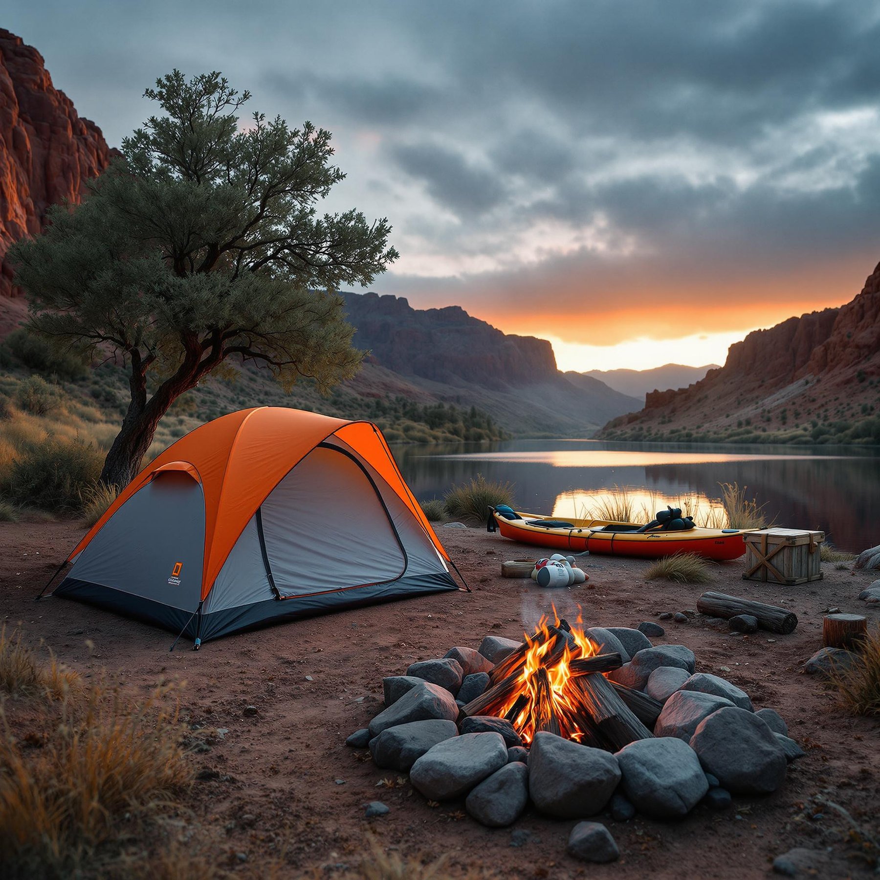 A cozy tent sits by a shimmering lake, with rocky mountains watching over. The warm glow of a campfire lights up the evening as the sun sets in the sky. Nearby, a kayak is ready for an early morning adventure.