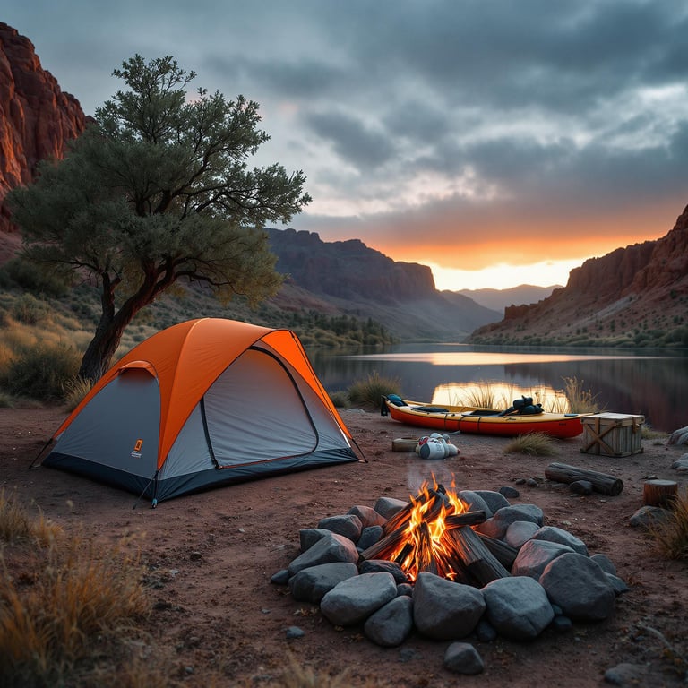 A cozy tent sits by a shimmering lake, with rocky mountains watching over. The warm glow of a campfire lights up the evening as the sun sets in the sky. Nearby, a kayak is ready for an early morning adventure.