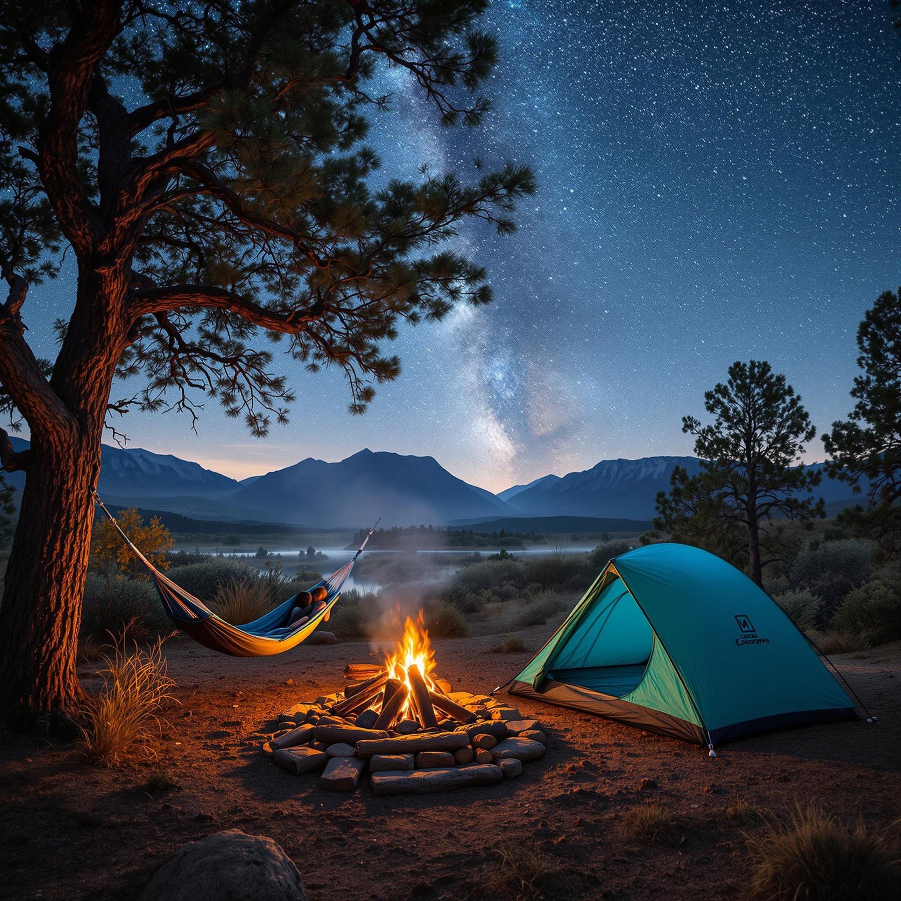 Under a sky full of stars, a cozy tent and hammock sit by a warm campfire. Tall pine trees and mountains surround the peaceful campsite. The night feels calm and magical by the glowing fire.