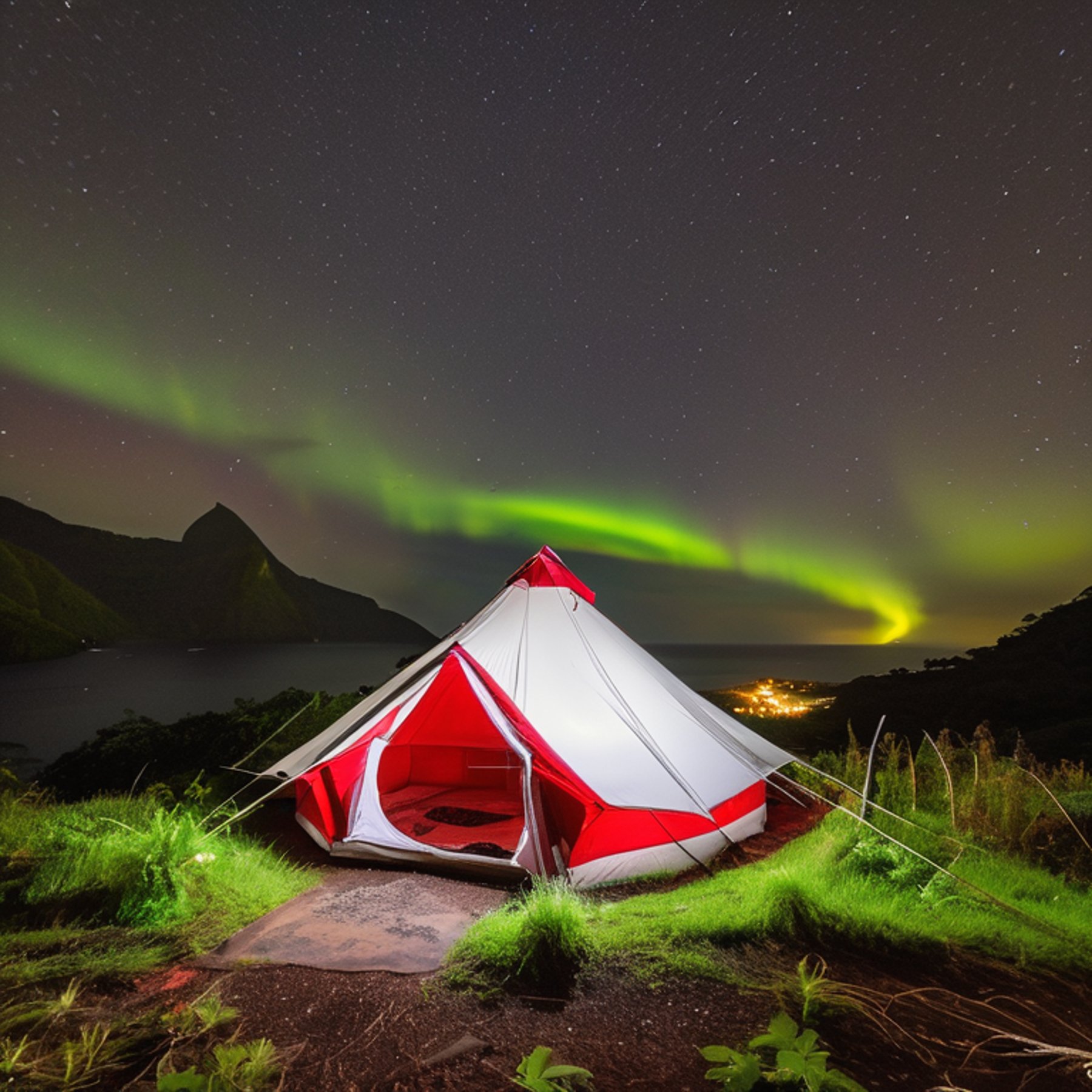 A red and white tent rests on a quiet dirt campsite beneath glowing northern lights. Rainy grass, scattered stones, and a winding trail create a peaceful nighttime mood, while a deer watches from the distance.
